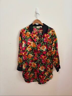 Victoria's Secret Black Floral Button-Up with Bright Blooms